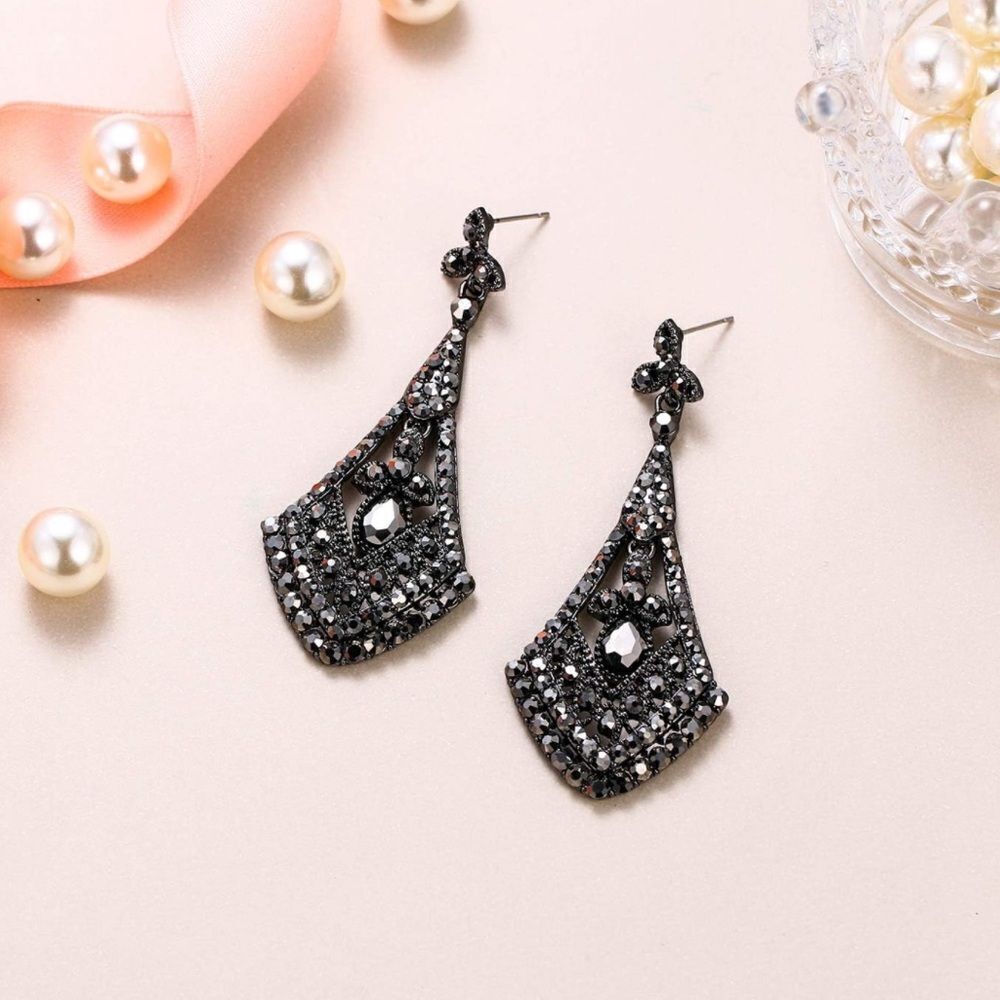 Gun Metal with Charcoal Gray Crystal Art Deco Rhombus Chandelier Post Earrings - Picture 2 of 4